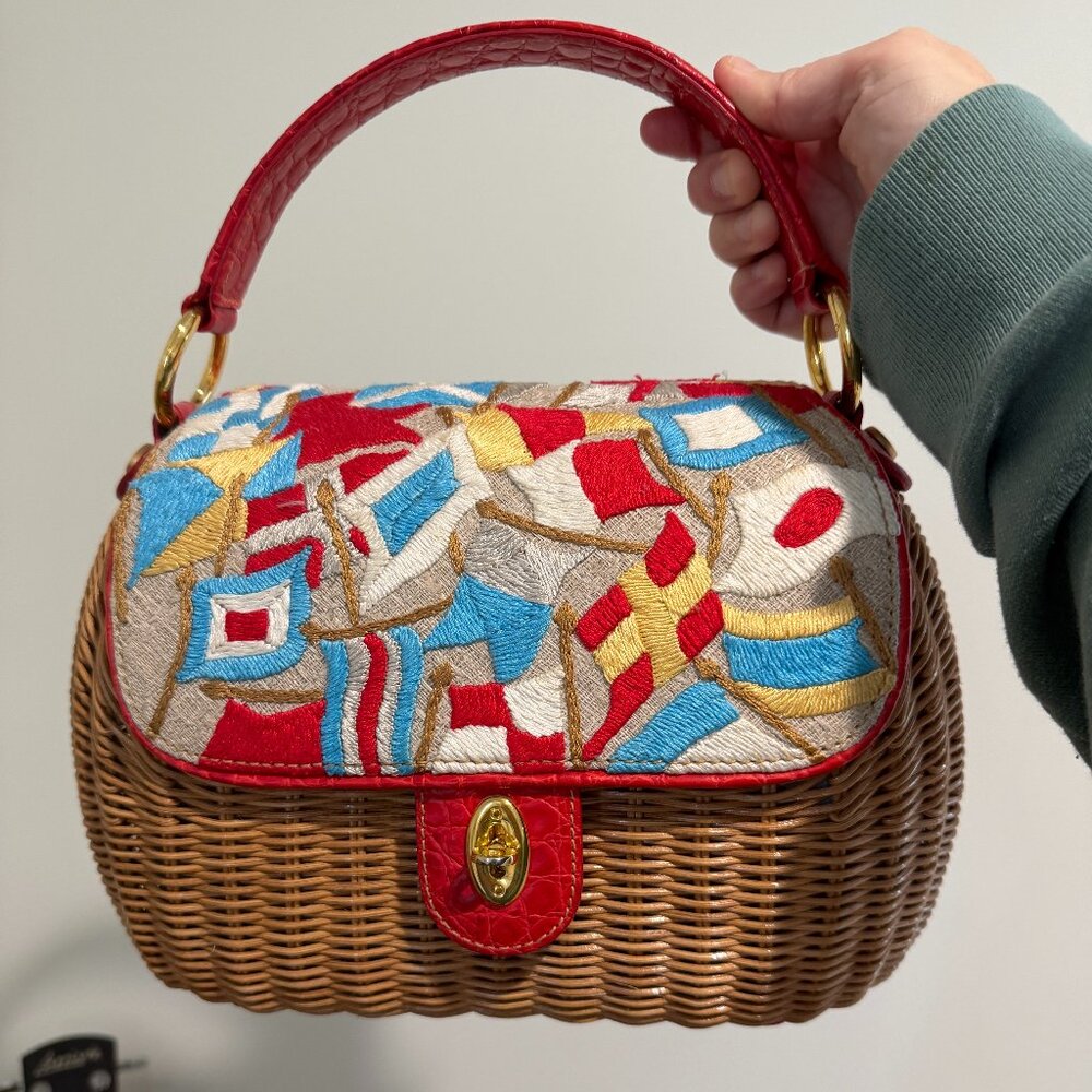 Eric Javits basket weave handbag w/ sailing flag embroidered design